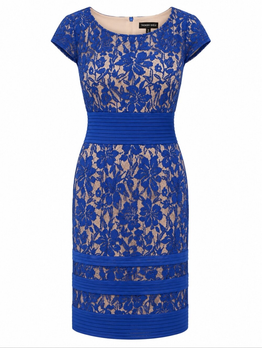 TADASHI SHOJI | Blue Floral Lace Nude Lined Cocktail Designer Sheath‎ Dress | 6